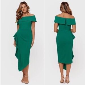 Betsy & Adam Women Sheath Dress Green Off the Shoulder Ruffled Size 14 MSRP $239